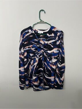 Calvin Klein Blue & White Abstract Long Sleeve Blouse with Rust Accents Large